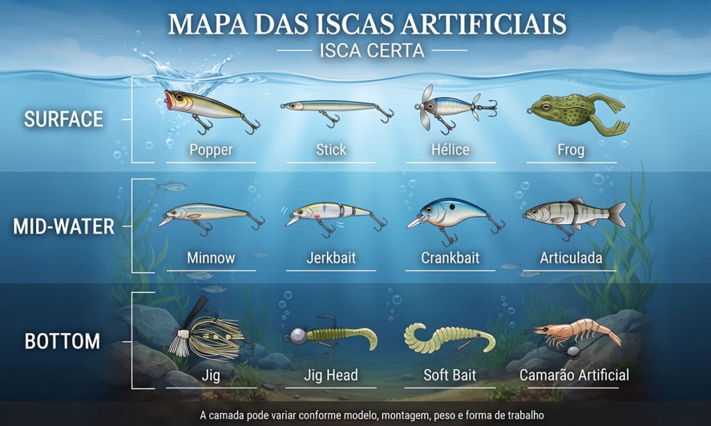 Mapa das iscas artificiais por superfície, meia-água e fundo