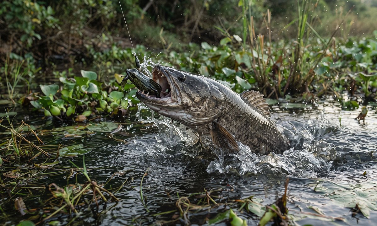 Traíra atacando isca artificial frog entre a vegetação