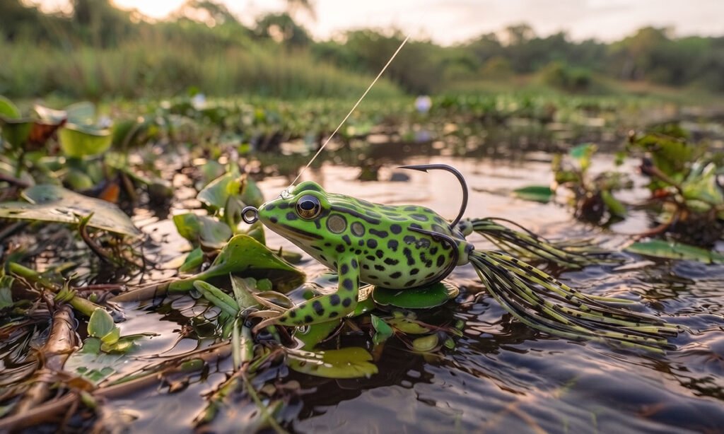 Frog artificial trabalhando sobre vegetação na pesca de traíra