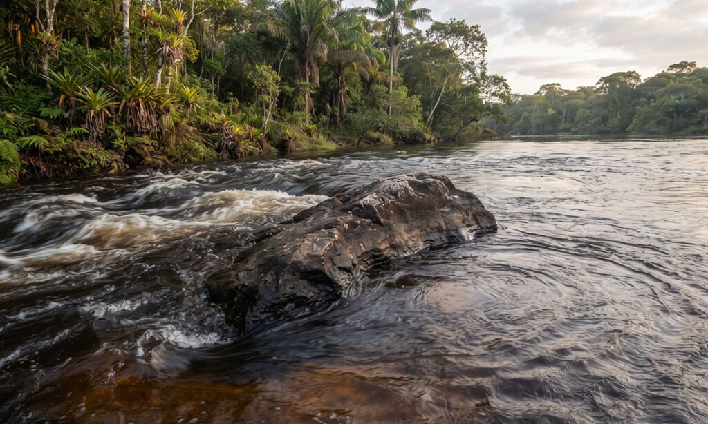 Correnteza formando área de água mais calma atrás de uma pedra no rio