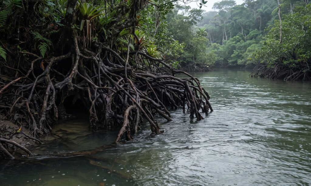 Raízes de mangue e corrente formando pontos de pesca para robalo