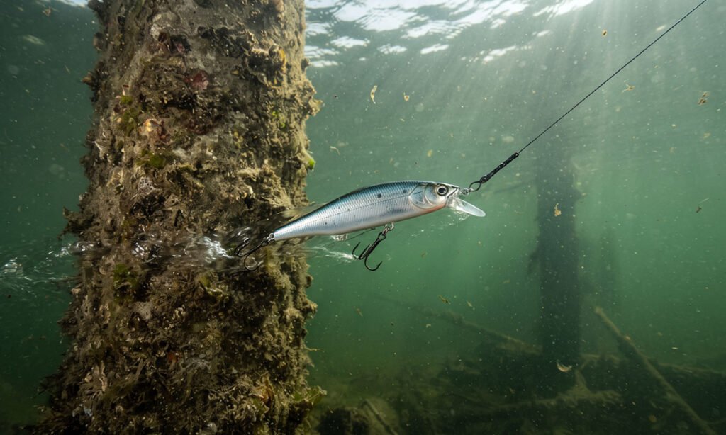 Isca de meia-água trabalhando junto a uma pilastra na pesca de robalo