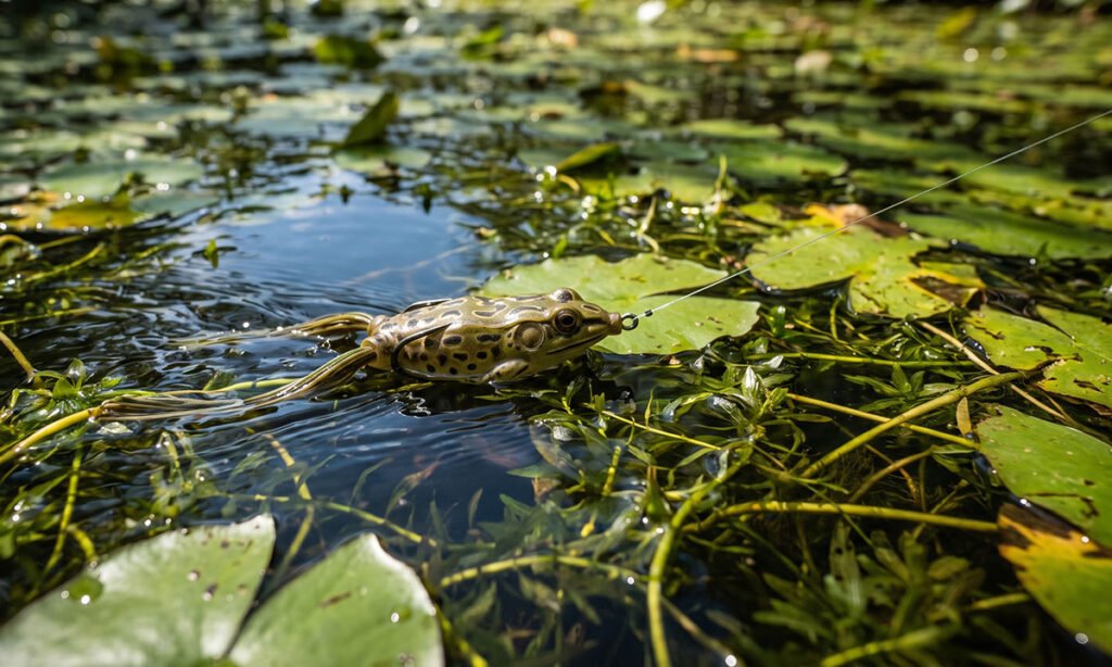 Frog artificial de corpo oco trabalhando sobre vegetação aquática