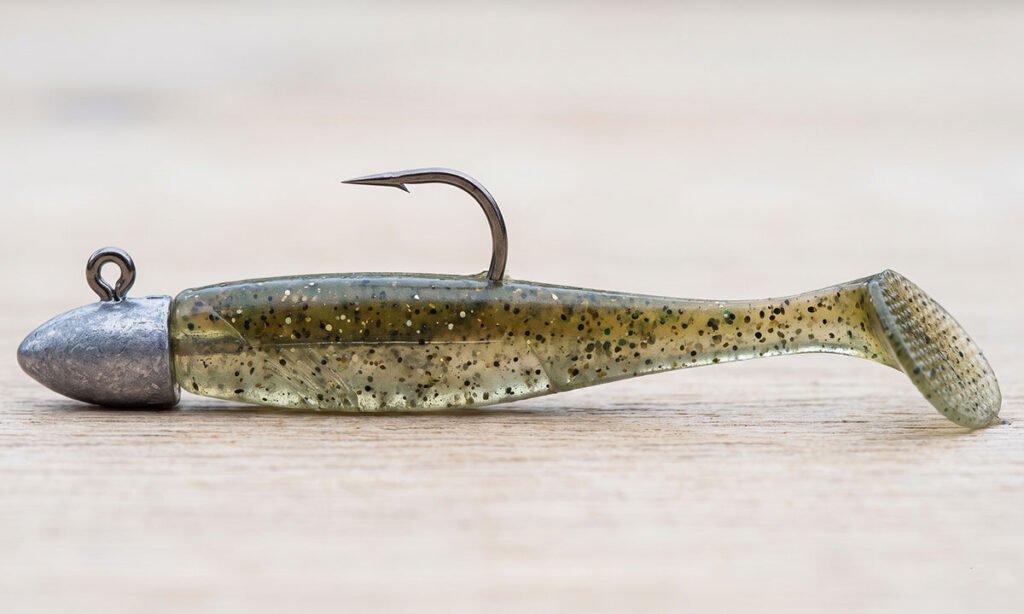 Paddle tail alinhado corretamente em um jig head