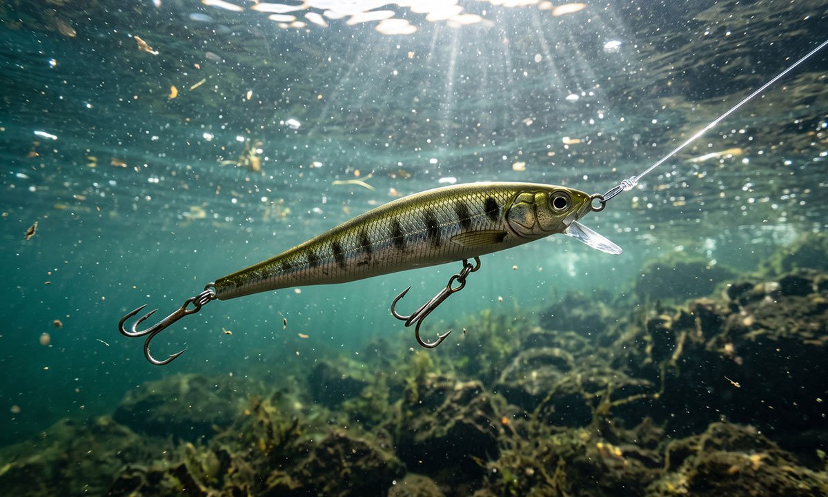 Isca artificial minnow trabalhando na meia-água