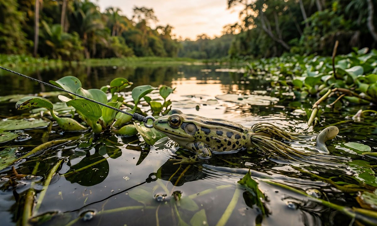 Frog chegando a uma clareira entre a vegetação aquática