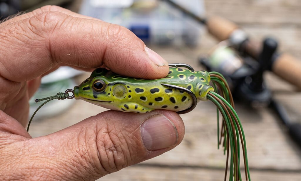 Corpo flexível de uma isca frog sendo levemente comprimido