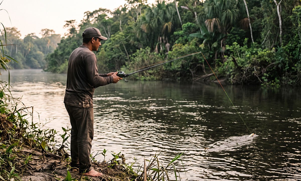 Pescador trabalhando uma isca artificial durante a pescaria