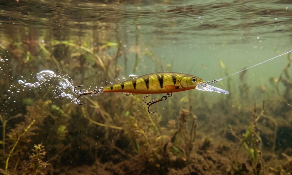 Pescador trabalhando uma isca artificial durante a pescaria