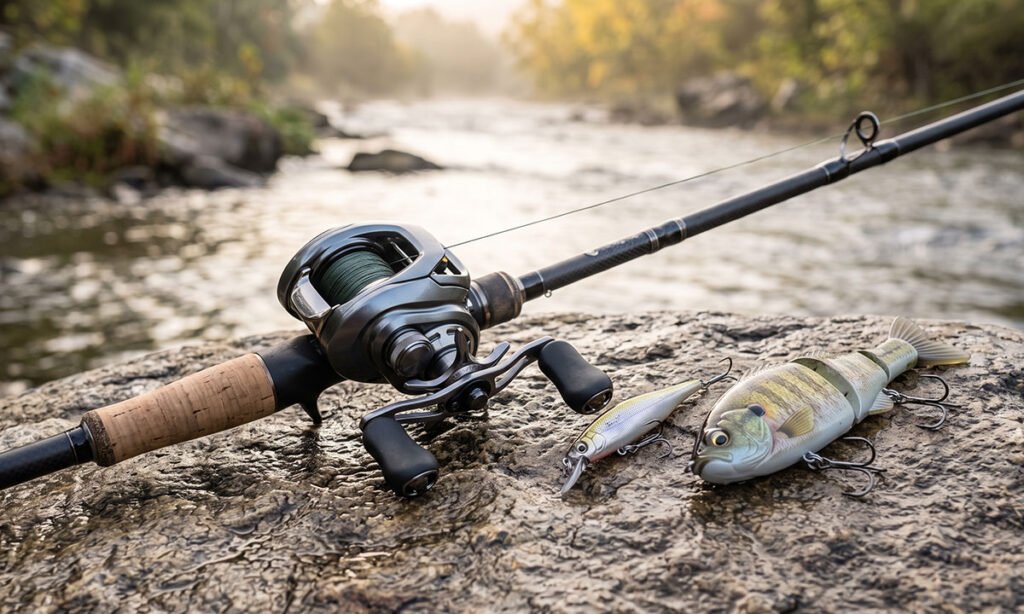 Iscas artificiais de diferentes pesos próximas a equipamento de pesca