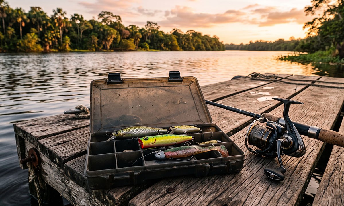 Caixa com seleção de iscas artificiais para pesca