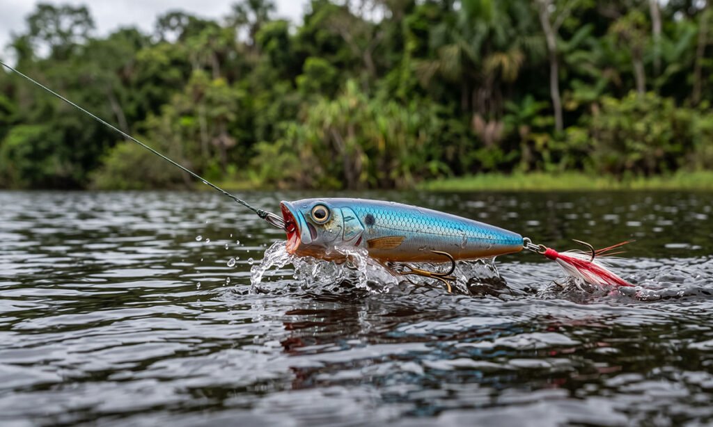 Isca popper deslocando água durante uma puxada na superfície