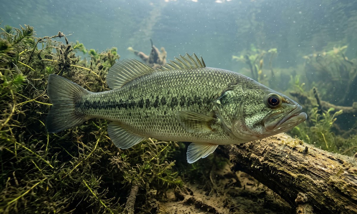 Black bass próximo a vegetação e tronco submerso