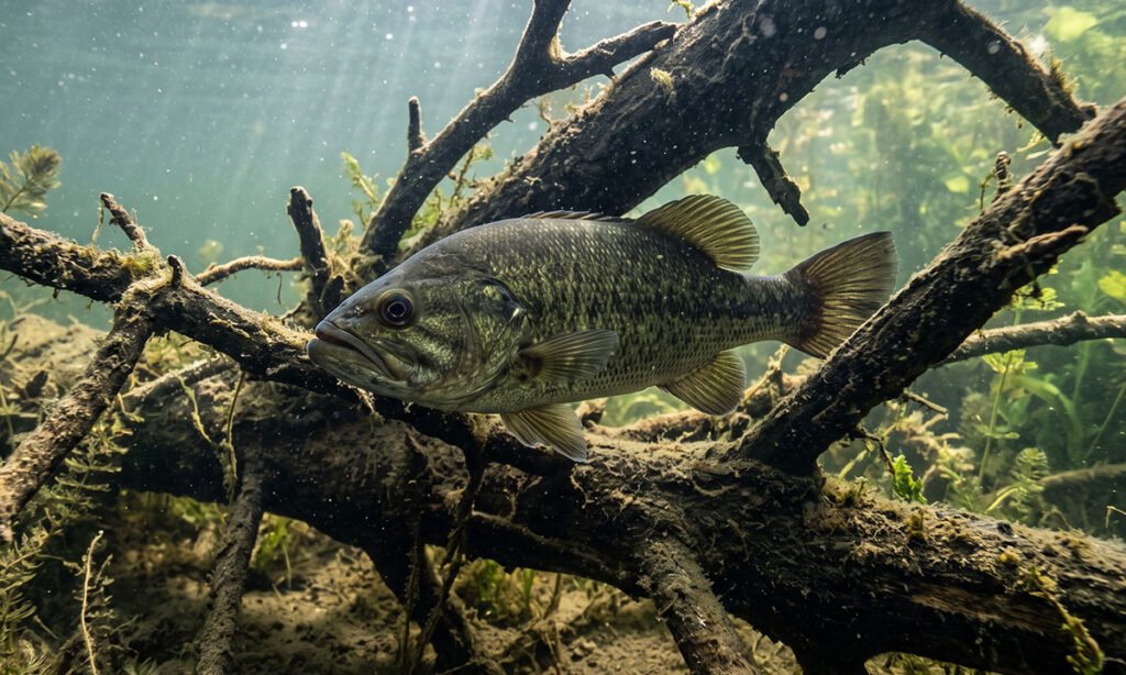 Black bass posicionado próximo a tronco submerso