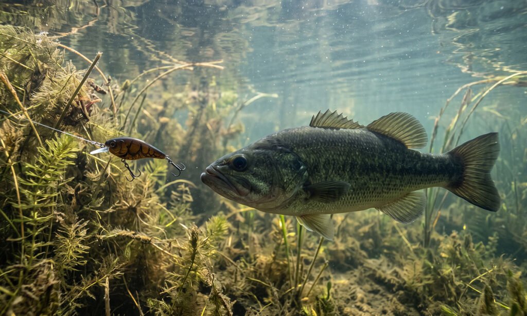 Black bass seguindo uma isca artificial junto à vegetação