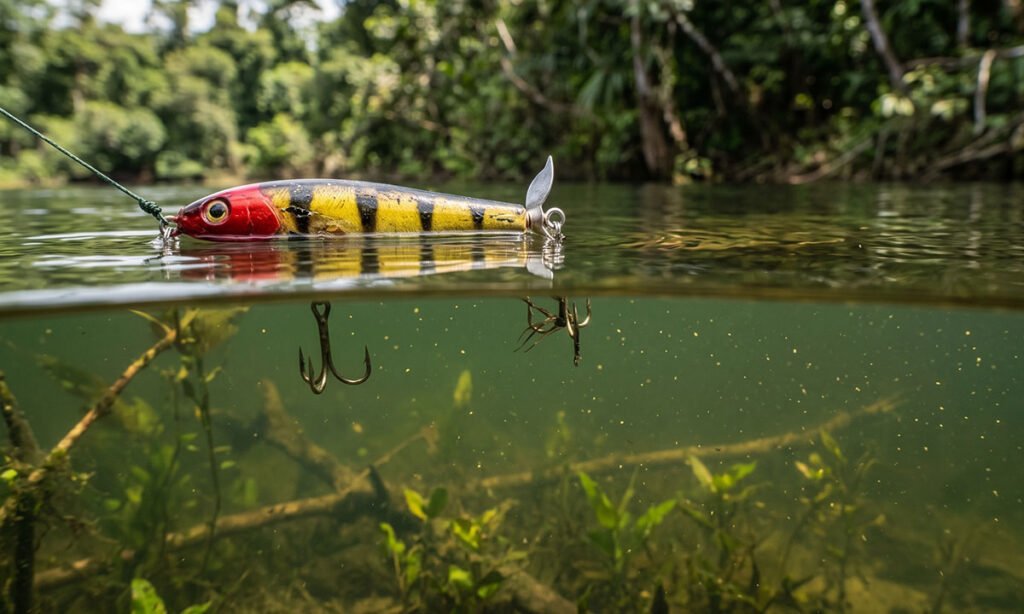 Peixe se aproximando de uma isca de hélice durante a pausa
