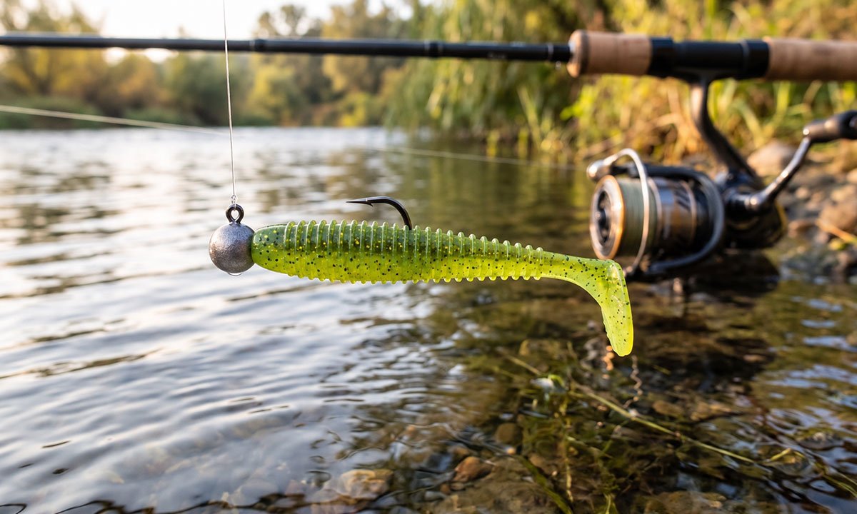 Jig head corretamente montado em soft bait tipo paddle tail.