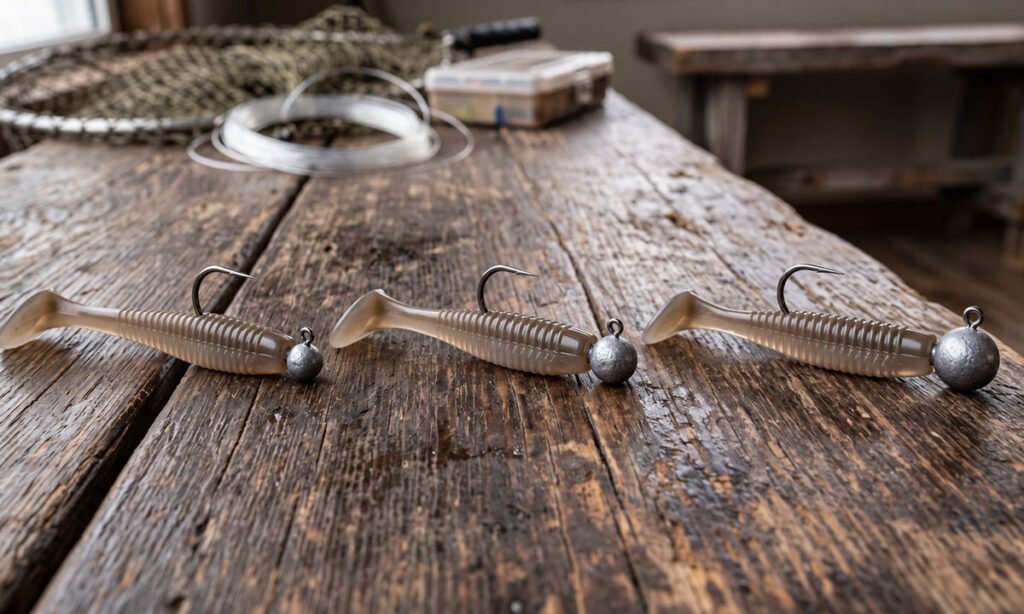 Mesmo soft bait montado com jig heads de pesos diferentes.