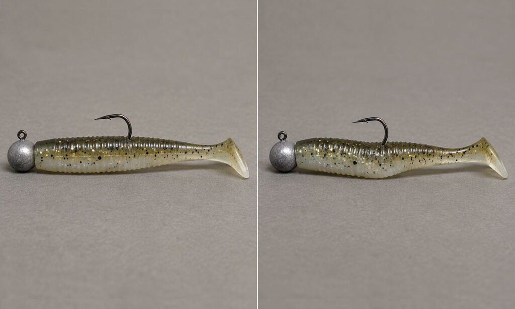 comparação entre soft bait montado reto e montagem torta no jig head