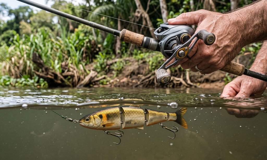 pescador testando isca articulada próximo à margem