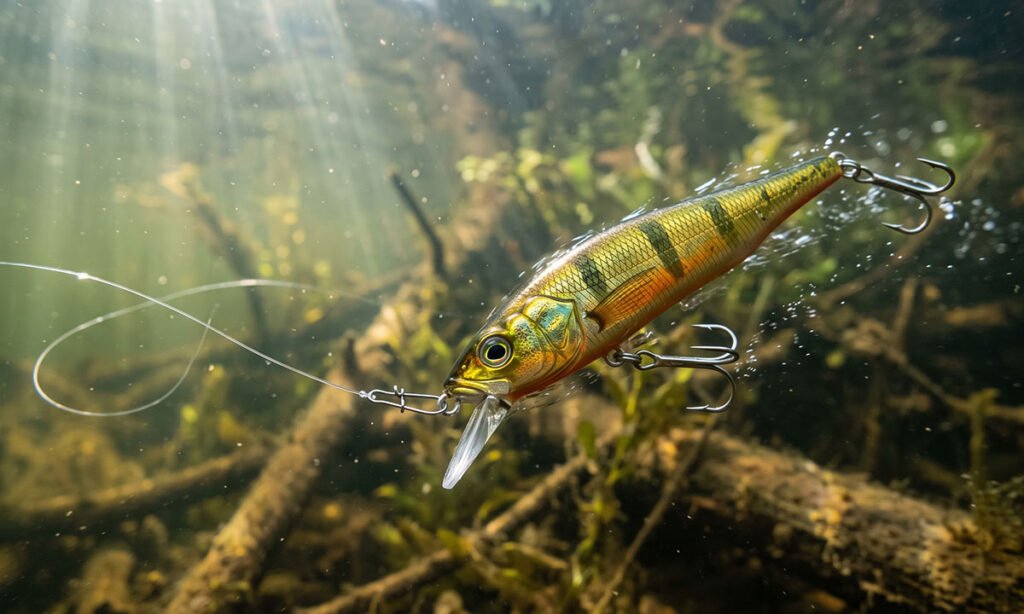 jerkbait mudando de direção após toque de ponta de vara