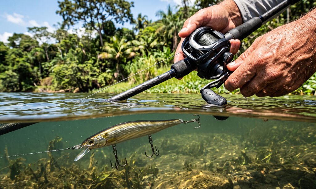 pescador testando jerkbait próximo à margem
