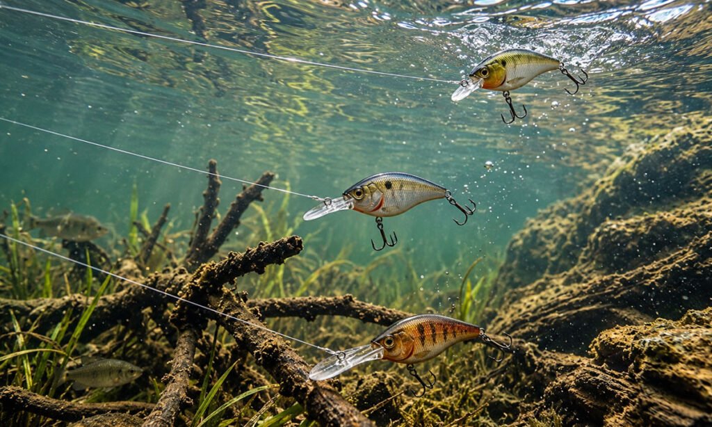 Crankbait atingindo a profundidade antes de passar pela estrutura