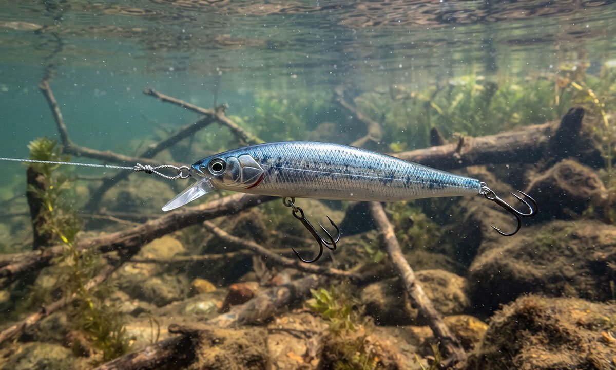 Isca minnow trabalhando em meia-água